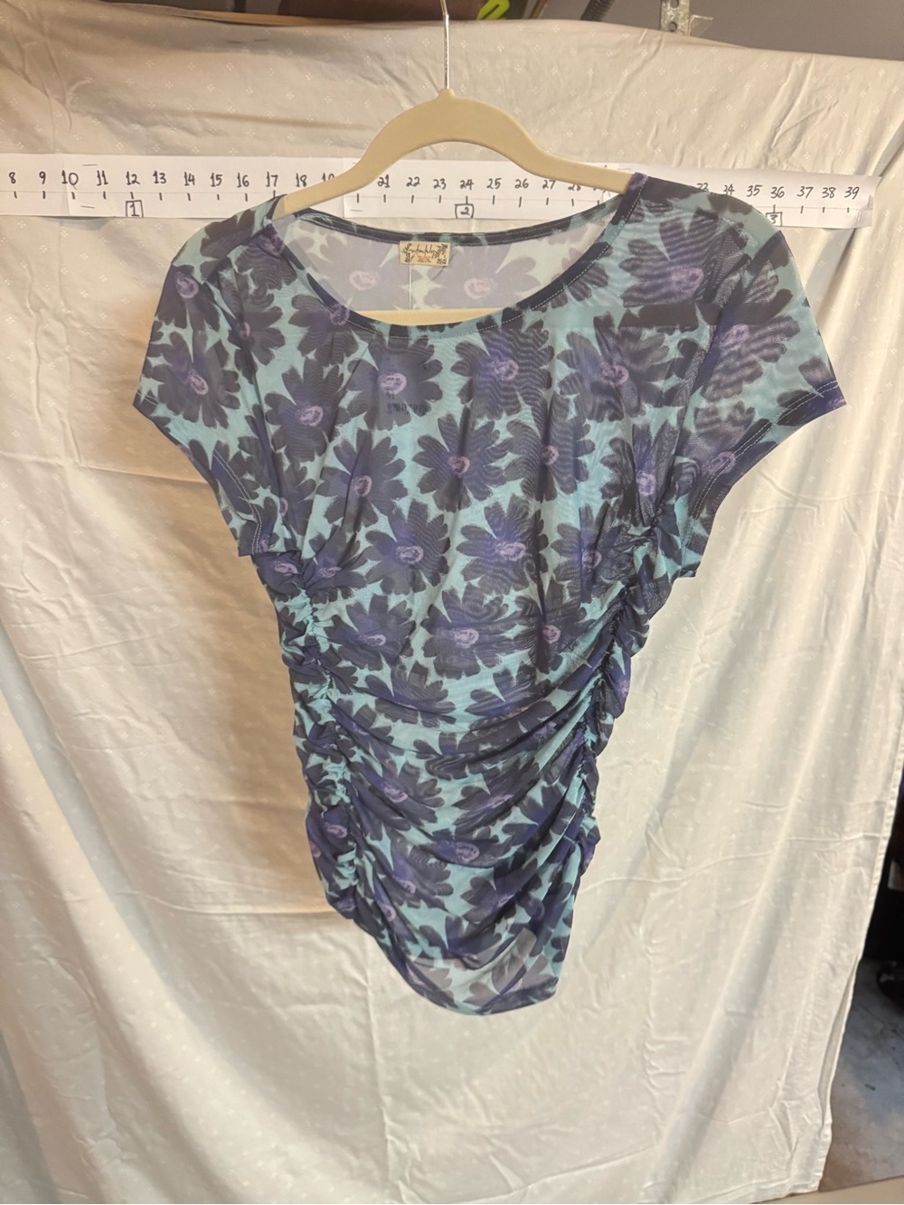 Floral Ruched Scoop Tank — Blue and Purple Floral Mesh Sheer Pattern